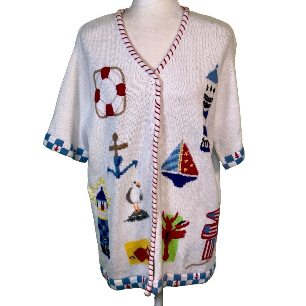 Vintage Quacker Factory White Sweater Cardigan L Nautical Lighthouse Coastal QVC